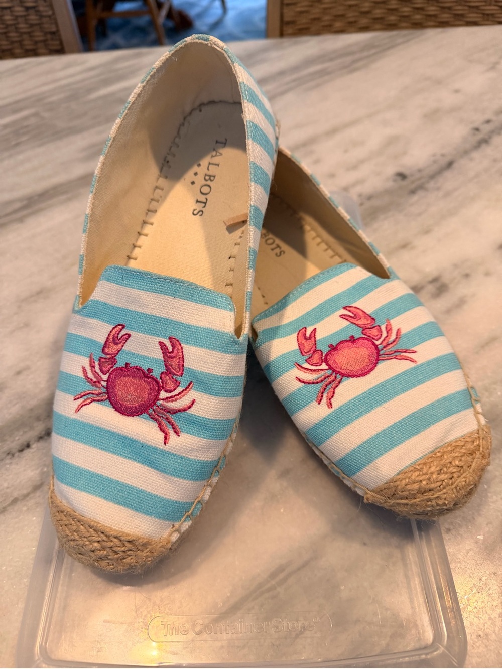 Talbots Aqua & White Striped Espadrilles with Pink Crab Embroidery